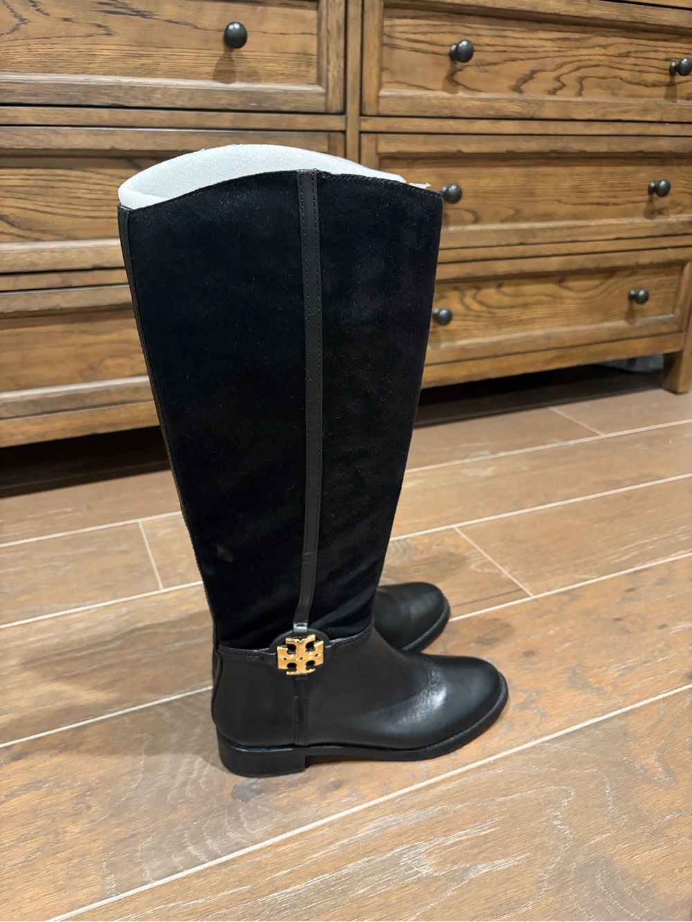 Tory Burch Black Leather & Suede Boots with Gold Logo